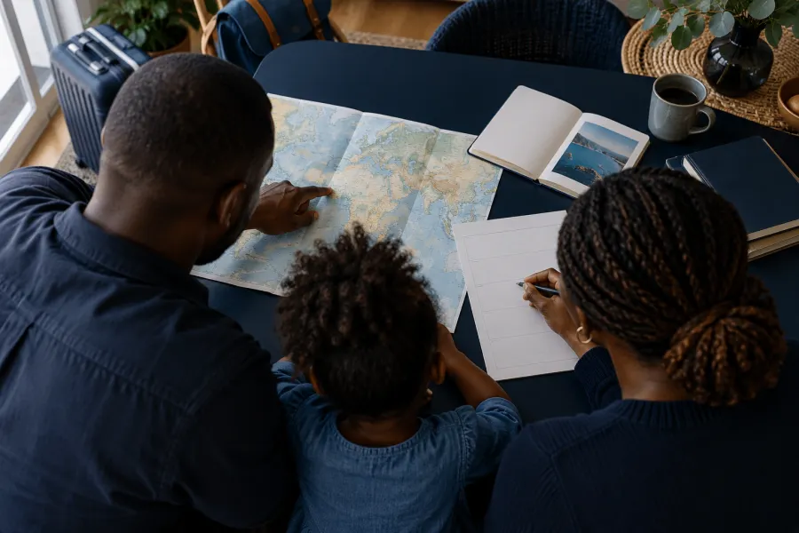 An anonymous family viewed from behind, planning a trip together with a map and travel documents